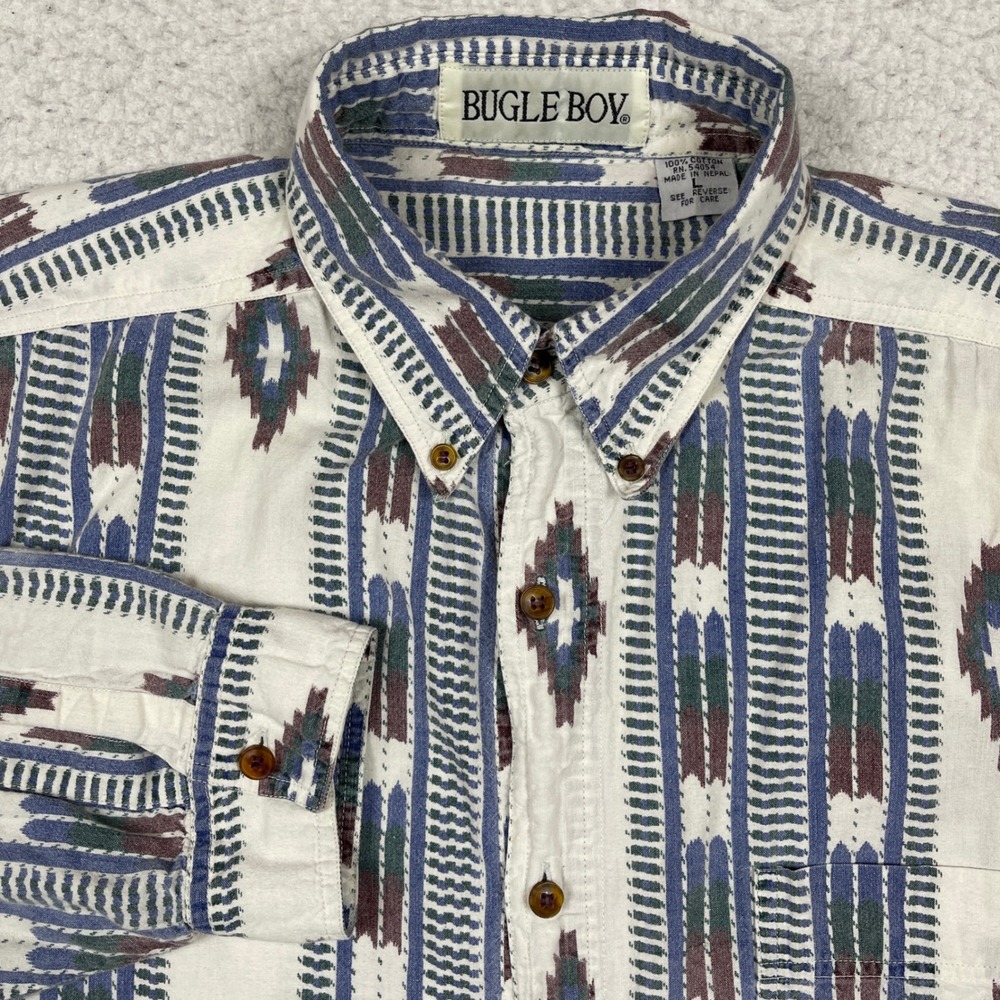 Bugle Boy Button Down Mens L White Multi Southwestern Vintage 90s Boho Tribal